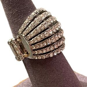 Statement Rhinestone & Silver Tone Metal Cocktail Ring With Stretchy Band